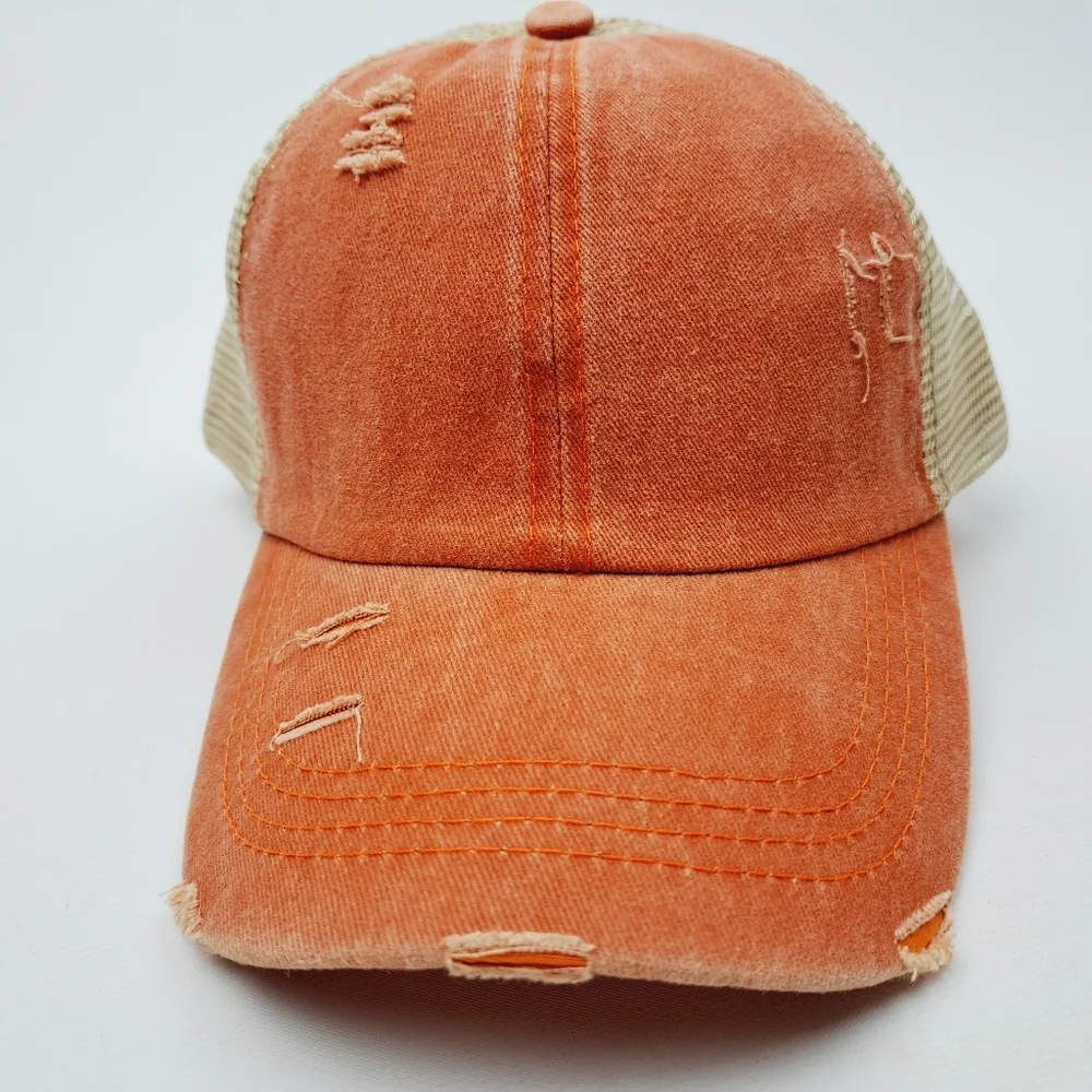 Ponytail Criss-cross Mesh Trucker Women's Cap Hat Distressed Orange